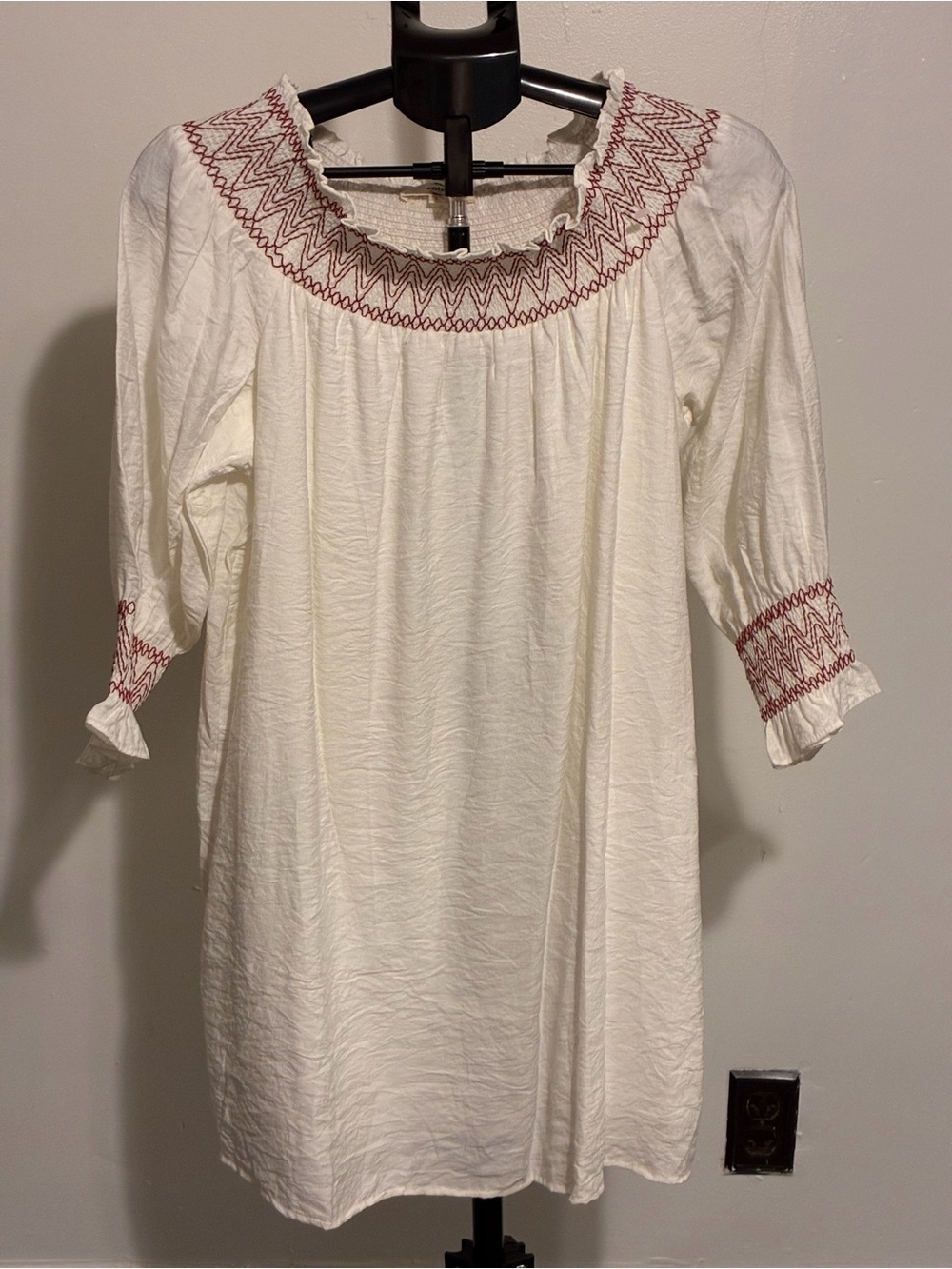 entro Ivory Midi Dress with Red Embroidered Neckline